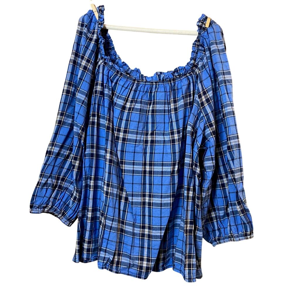 St. John's Bay Off-the-Shoulder Sky Blue Plaid Peasant Blouse Ruffled Neck Sz 3X